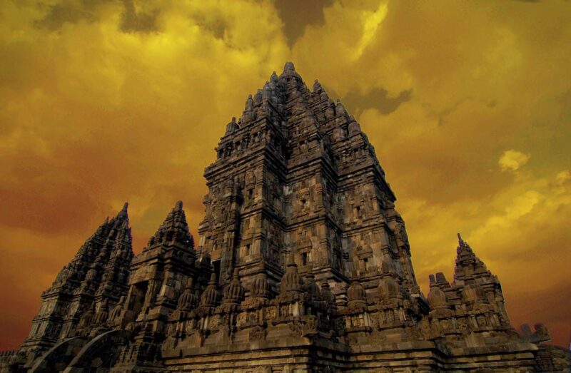 the prambanan temple in yogjakarta during sunset